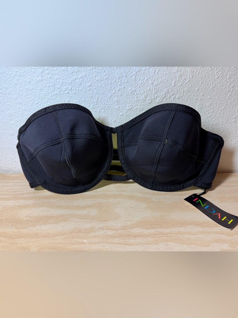 Indah matador neoprene Black neon yellow Strapless bandeau bikini top NWT size M